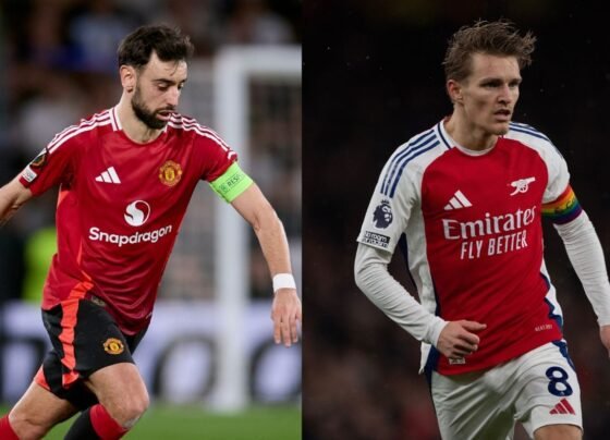 Montagem de fotos de Bruno Fernandes, do Manchester United, e Odegaard, do Arsenal - Metrópoles