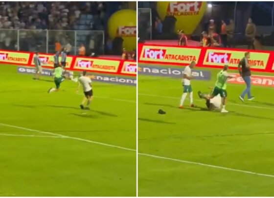 Imagem colorida mostra trechos de vídeo em que jogador dá voadora em torcedor - Metrópoles