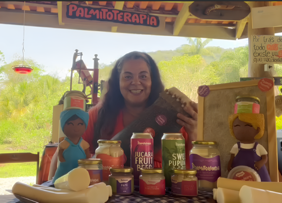 Mulher apresentando todos os produtos da Palmitolândia