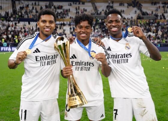 Foto colorida Vini Jr., Endrick e Rodrygo, do Real Madrid - Metrópoles