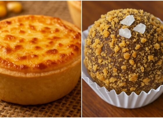empada de milho e queijo coalho e brigadeiro de paçoca, rapadura e flor de sal
