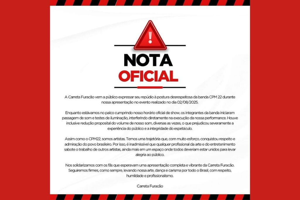 Nota da Carreta Furacão sobre problema em show envolvendo a banda CPM 22 - metrópoles