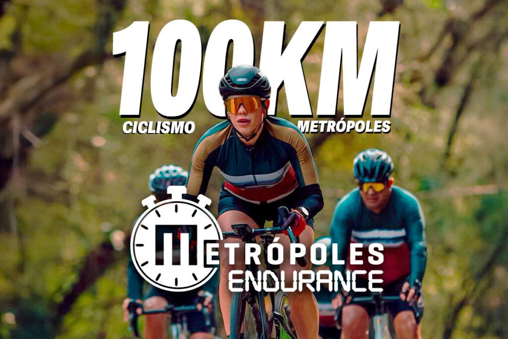 Arte com ciclistas em treinamento e caracteres anunciando os 100 km Metrópoles, prova de cliclismo do Metrópoles Endurance - Metrópoles