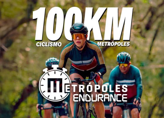 Arte com ciclistas em treinamento e caracteres anunciando os 100 km Metrópoles, prova de cliclismo do Metrópoles Endurance - Metrópoles