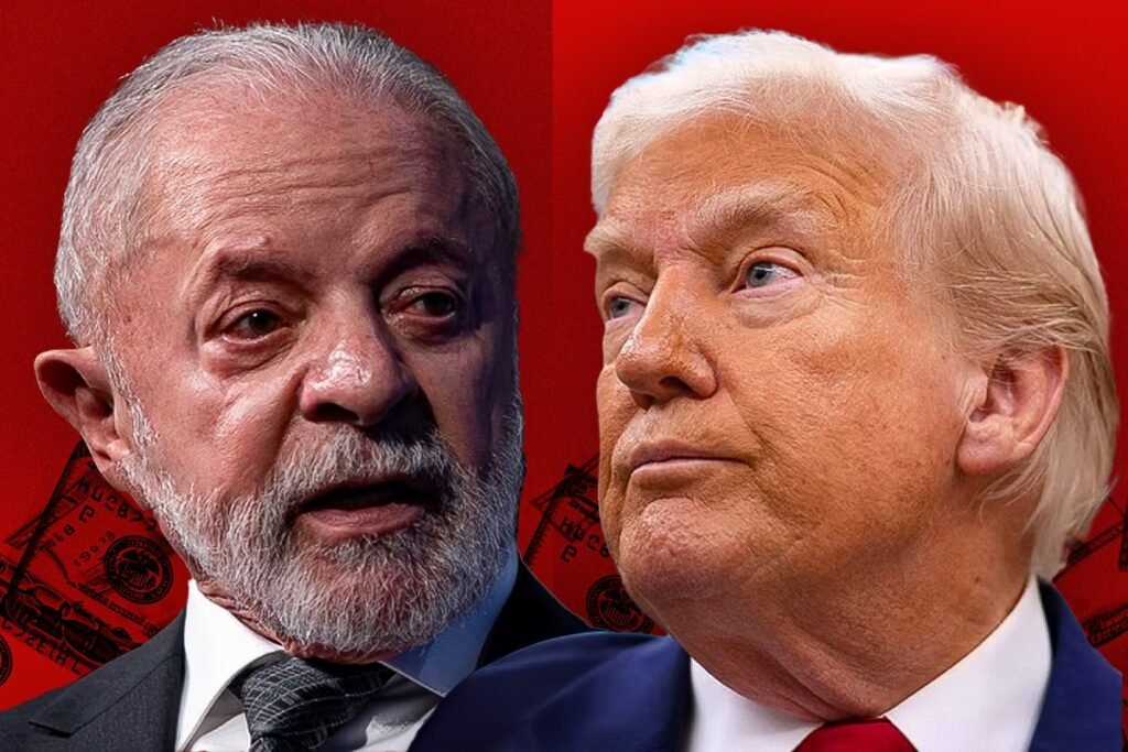 Foto colorida sobre montagem de Lula e Trump