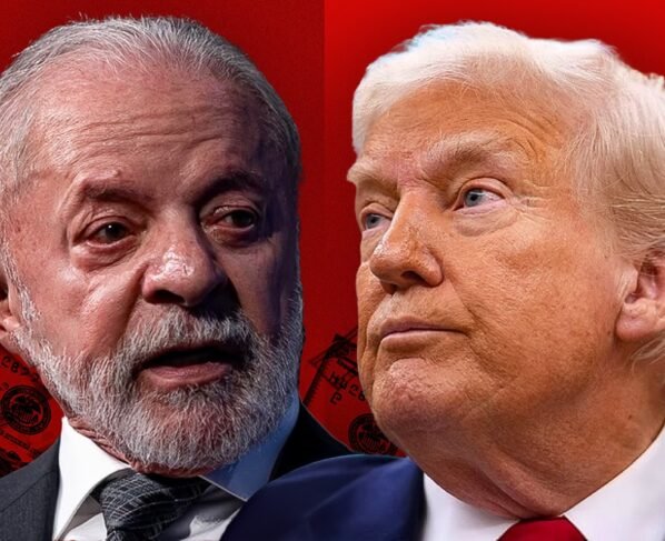 Foto colorida sobre montagem de Lula e Trump