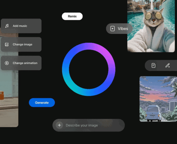 GIF mostra a interface do Meta Vibes. À esquerda, uma miniatura mostra um personagem peludo e laranja, com dois olhos redondos, sentado em uma motocicleta e segurando uma caixa. No centro, um círculo gradiente em tons de azul, roxo e rosa representa uma paleta de cores. No centro-superior, uma barra mostra o texto "Remix". À esquerda do círculo, estão os botões "Add music", "Change image" e "Change animation". À direita do círculo, estão miniaturas de diversas imagens, incluindo um gato de óculos de sol e pepinos nos olhos, e um carro em uma paisagem com pôr do sol.