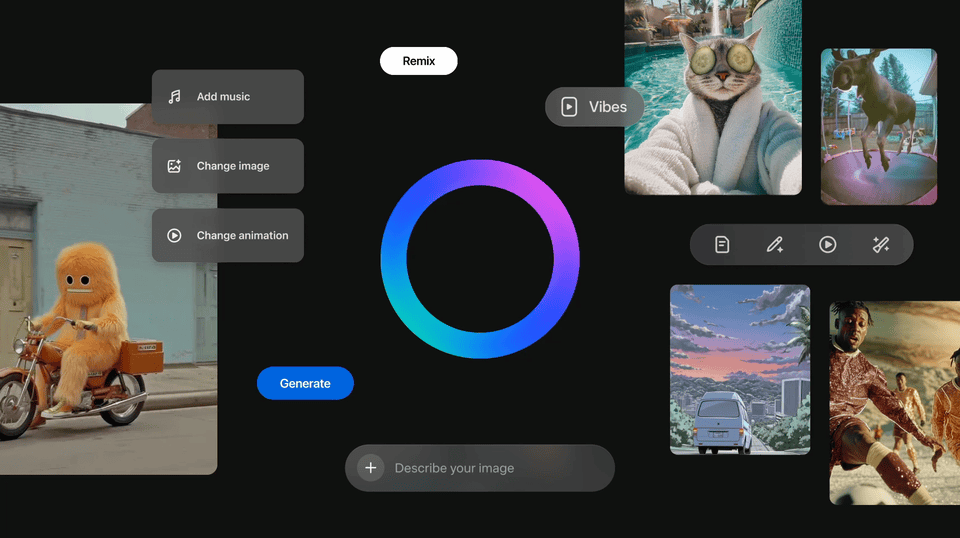 GIF mostra a interface do Meta Vibes. À esquerda, uma miniatura mostra um personagem peludo e laranja, com dois olhos redondos, sentado em uma motocicleta e segurando uma caixa. No centro, um círculo gradiente em tons de azul, roxo e rosa representa uma paleta de cores. No centro-superior, uma barra mostra o texto "Remix". À esquerda do círculo, estão os botões "Add music", "Change image" e "Change animation". À direita do círculo, estão miniaturas de diversas imagens, incluindo um gato de óculos de sol e pepinos nos olhos, e um carro em uma paisagem com pôr do sol.