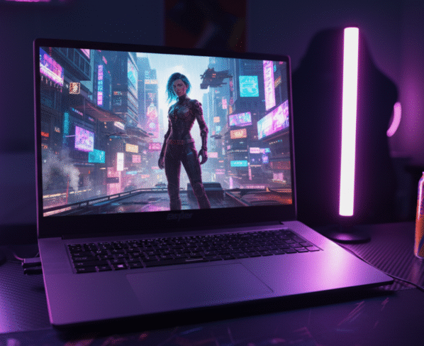 Notebook aberto em uma mesa exibe na tela uma cena futurista com personagem em traje tecnológico diante de prédios iluminados por letreiros coloridos. O ambiente tem iluminação em tons de roxo e rosa, com duas barras de LED verticais ao lado do computador. À direita, há uma lata de bebida energética e um mouse gamer sobre o mousepad.