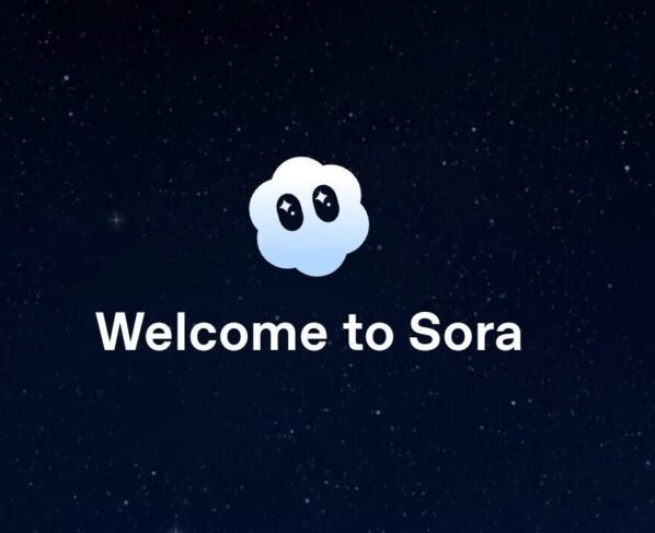 Um popup de boas-vindas com o título "Welcome to Sora"e o ícone de uma nuvem. O fundo é um céu noturno azul-escuro com estrelas. Há um botão grande branco com o texto "Access Now" (em inglês) na parte inferior.