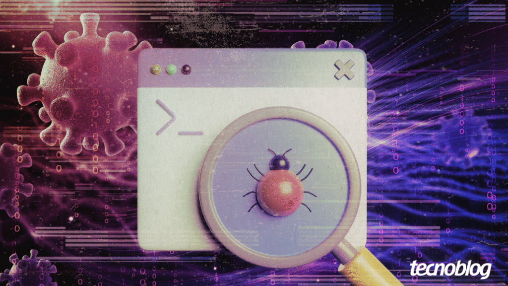 Ilustração que representa a detecção de ameaças digitais. O centro da imagem é dominado por uma janela de terminal de computador estilizada e uma lupa com cabo amarelo, que está focando em um inseto (bug) vermelho no centro da tela. O fundo é escuro, com códigos binários em roxo e diversas ilustrações de vírus biológicos flutuando, sugerindo o conceito de "vírus" e "malware". No canto inferior direito, o texto secundário em branco diz "tecnoblog".
