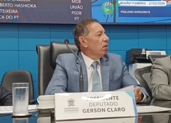 Presidente da Alems, deputado Gerson Claro (PP), durante sessão nesta quarta-feira, 17 de dezembro de 2025 (Foto: Marcus Vinnicius)
