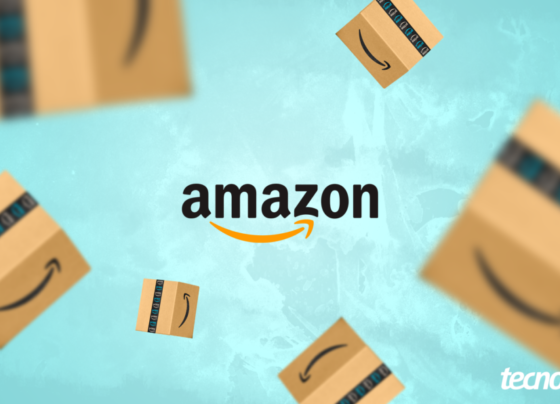 Ilustração com logo da Amazon cercado por caixas de papelão