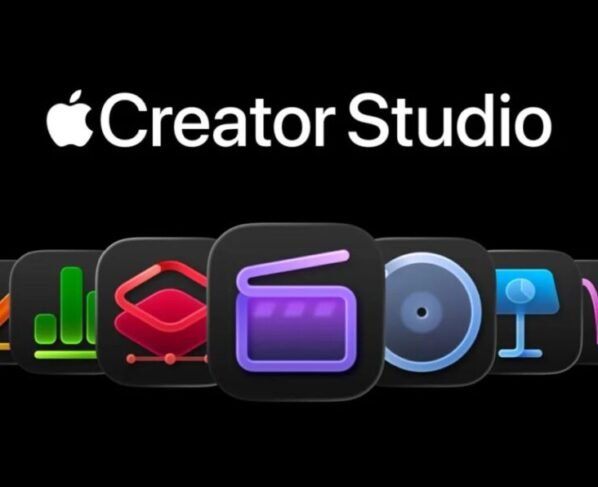 Imagem de divulgação mostra alguns ícones de apps da Apple em um fundo preto. Na parte superior, está escrito "Creator Studio", ao logo do logo da Apple, uma maçã mordida