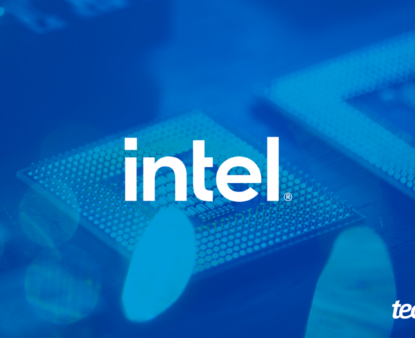 Arte com o logotipo da Intel ao centro, em fonte de cor branca, e o fundo em cor azul.