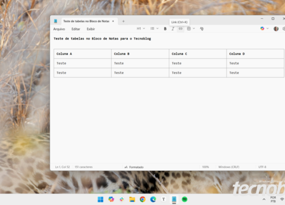 Tabela no Bloco de Notas do Windows 11