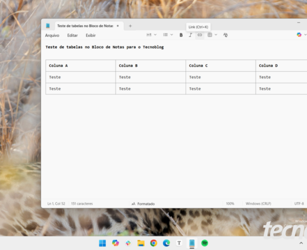 Tabela no Bloco de Notas do Windows 11