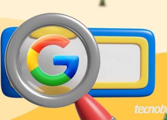 Ilustração com uma lupa sobre uma caixa de busca. Atrás estão alguns robôs. Na parte inferior direita, o logotipo do "Tecnoblog" é visível.