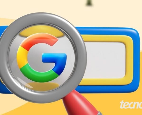 Ilustração com uma lupa sobre uma caixa de busca. Atrás estão alguns robôs. Na parte inferior direita, o logotipo do "Tecnoblog" é visível.