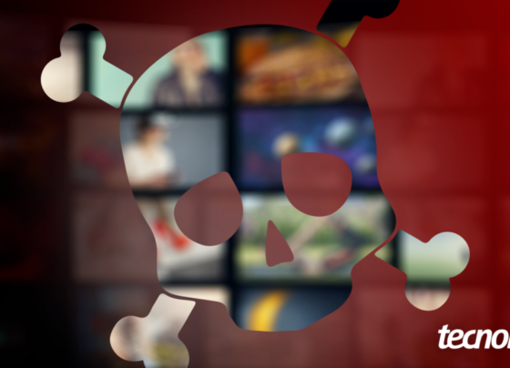 Ilustração com um símbolo de caveira vazado, revelando TVs sintonizadas em canais variados