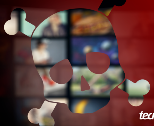 Ilustração com um símbolo de caveira vazado, revelando TVs sintonizadas em canais variados