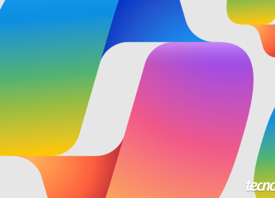 Ilustração mostra a marca estilizada do Microsoft Copilot. Na parte inferior direita, o logotipo do "tecnoblog" é visível