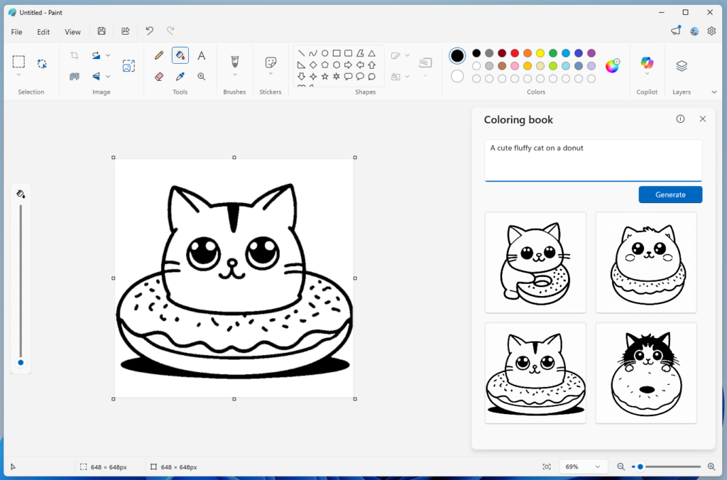 Captura de tela mostra o recurso de criação de livros de colorir no Paint do Windows 11