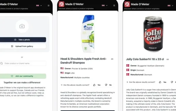Três capturas de tela do aplicativo Made O'Meter, uma ferramenta desenvolvida na Dinamarca para identificar a origem e os proprietários de marcas e produtos. As telas mostram a função de busca por foto ou nome, e os resultados detalhados para o shampoo Head & Shoulders (propriedade da Procter & Gamble, EUA) e para a Jolly Cola (marca local da Dinamarca).