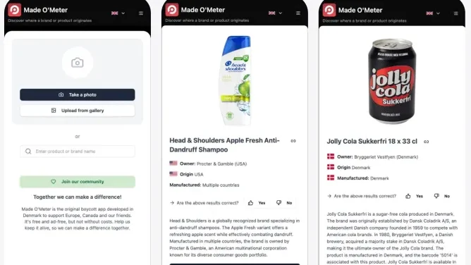 Três capturas de tela do aplicativo Made O'Meter, uma ferramenta desenvolvida na Dinamarca para identificar a origem e os proprietários de marcas e produtos. As telas mostram a função de busca por foto ou nome, e os resultados detalhados para o shampoo Head & Shoulders (propriedade da Procter & Gamble, EUA) e para a Jolly Cola (marca local da Dinamarca).
