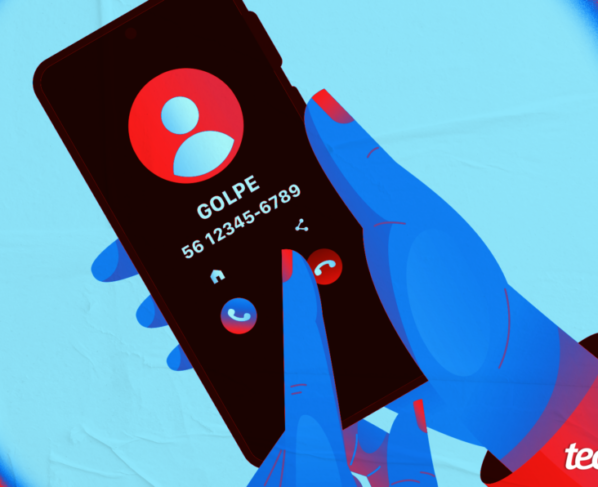 Ilustração de uma mão segurando um smartphone. A tela exibe uma chamada recebida, com a identificação de golpe. Na parte inferior direita, o logo do "Tecnoblog" é visível.