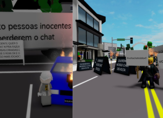 Duas capturas de tela do jogo Roblox mostram um protesto virtual de jogadores brasileiros. Na imagem à esquerda, uma personagem observa um caminhão com a frase: "injusto pessoas inocentes perderem o chat". À direita, vários avatares seguram cartazes no meio de uma rua com dizeres como "#voltachatroblox!!", "volta chat" e "QUEREMOS NOSSO CHAT DE VOLTA". O cenário urbano inclui prédios e veículos, simulando uma manifestação por mudanças nas regras de comunicação do jogo.