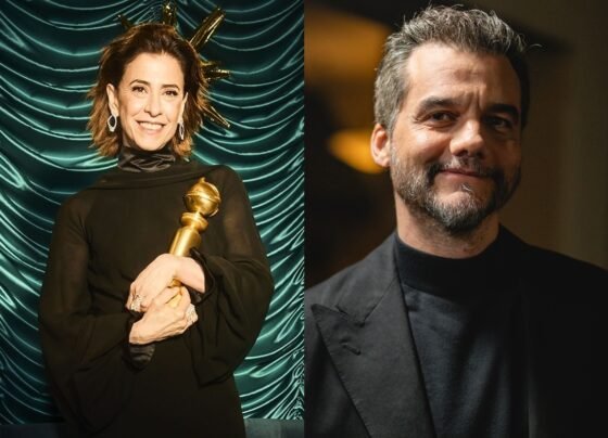 Montagem de imagens mostra Fernanda Torres (à esquerda) após vitória no Globo de Ouro; e Wagner Moura (à direta) - Metrópoles