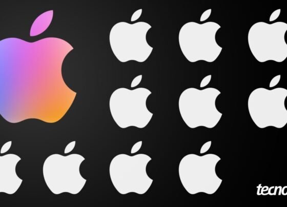 Ilustração com o logotipo da Apple. À esquerda, uma maçã mordida em cores roxo, rosa e levemente alaranjado. Depois, à direita, uma sequência de maçãs mordidas de cor branca.