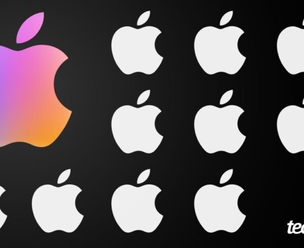 Ilustração com o logotipo da Apple. À esquerda, uma maçã mordida em cores roxo, rosa e levemente alaranjado. Depois, à direita, uma sequência de maçãs mordidas de cor branca.