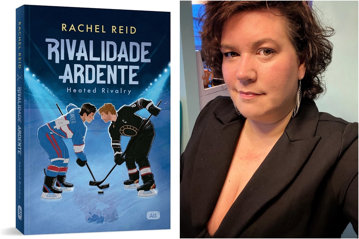 Montagem de imagens mostra a capa do livro Rivalidade Ardente (à esquerda) e a autora dos livros Rachel Reid (à esquerda) - Metrópoles