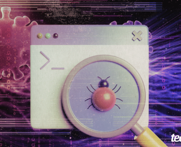 Ilustração que representa a detecção de ameaças digitais. O centro da imagem é dominado por uma janela de terminal de computador estilizada e uma lupa com cabo amarelo, que está focando em um inseto (bug) vermelho no centro da tela. O fundo é escuro, com códigos binários em roxo e diversas ilustrações de vírus biológicos flutuando, sugerindo o conceito de "vírus" e "malware". No canto inferior direito, o texto secundário em branco diz "tecnoblog".