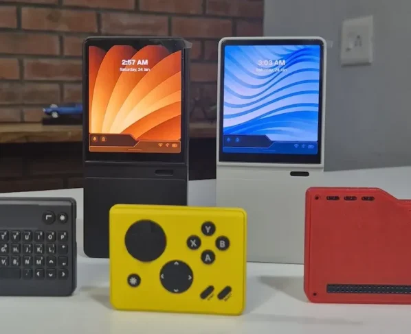 Dois computadores de bolso Mecha Comet, um preto e um branco, posicionados verticalmente ao fundo. À frente deles, três módulos coloridos estão alinhados: um teclado cinza-escuro, um controle de jogos amarelo com botões pretos e uma placa de expansão vermelha com pinos de conexão. O cenário possui uma parede de tijolos ao fundo. A composição exemplifica a natureza modular do produto, exibindo as diferentes opções de cores e acessórios de controle.