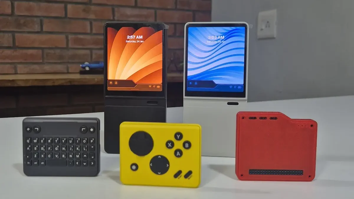 Dois computadores de bolso Mecha Comet, um preto e um branco, posicionados verticalmente ao fundo. À frente deles, três módulos coloridos estão alinhados: um teclado cinza-escuro, um controle de jogos amarelo com botões pretos e uma placa de expansão vermelha com pinos de conexão. O cenário possui uma parede de tijolos ao fundo. A composição exemplifica a natureza modular do produto, exibindo as diferentes opções de cores e acessórios de controle.