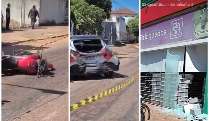 Carro acerta 4 veículos e destrói parede de loja em