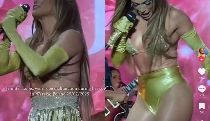 montagem colorida de Jennifer Lopez perdendo a saia no show