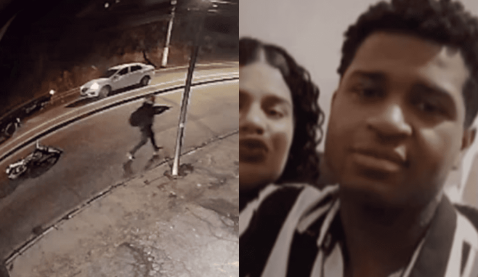 Imagem colorida de um PM armado atirando contra dois homens, suspeitos assaltantes. À direita, a imagem de um jovem negro morto a tiros pelo policial - Metrópoles